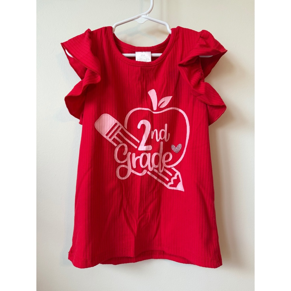 Girls Red Ribbed 2nd Grade Back to School Flutter Sleeve Top Size 2XL